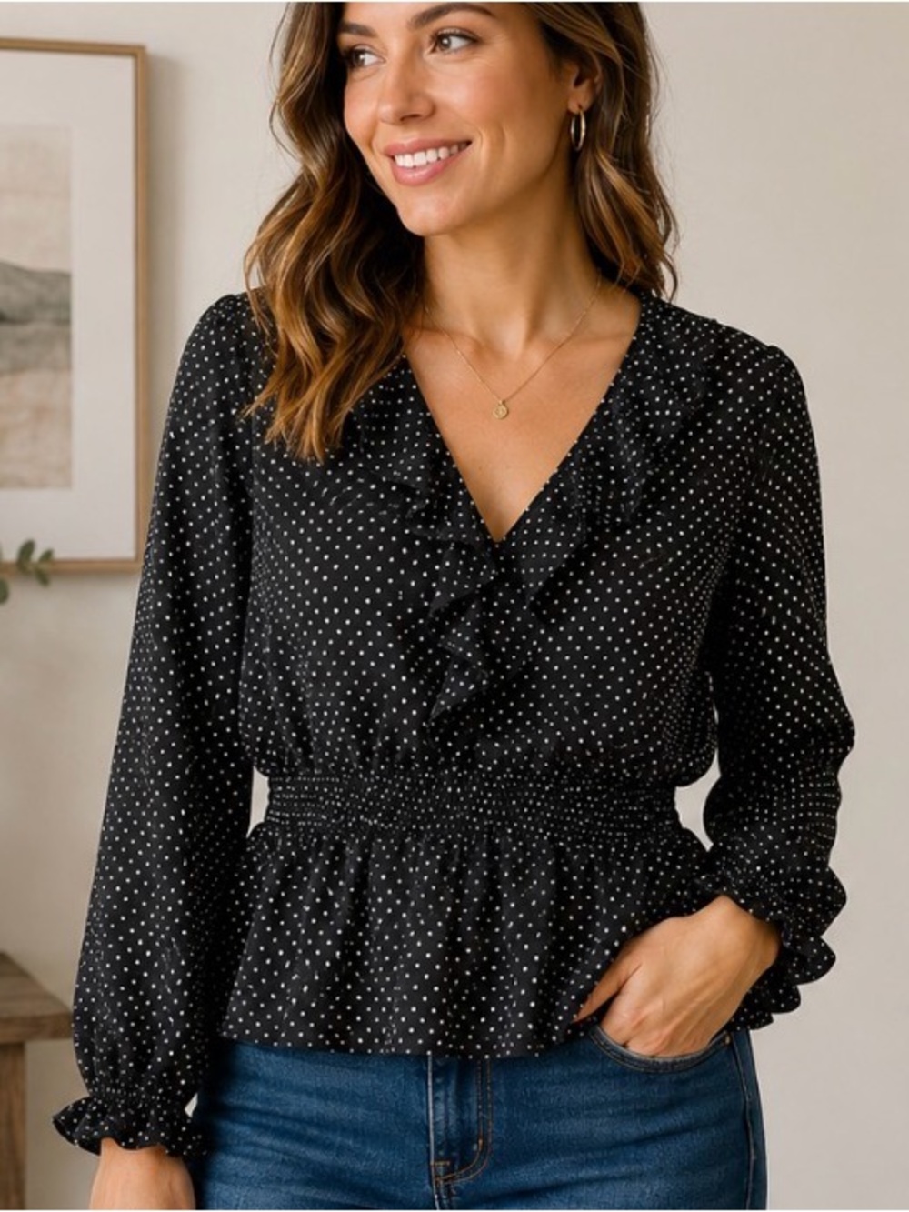 Abercrombie & Fitch Black Polka Dot Ruffle Peplum Blouse XL